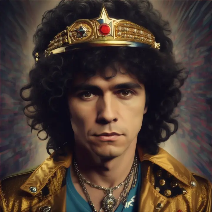 Posters icónico de Marc Bolan glam rock star joven con 27 años ultra realista, muy parecido, con una corona  de forma sencilla goma color dorada y derretida en la cabeza, sombra de ojos de purpurina púrpura y negra