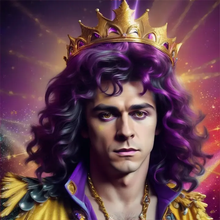 Posters icónico de Marc Bolan glam rock star joven con 27 años ultra realista, muy parecido, con una corona  de forma sencilla goma color dorada y derretida en la cabeza, sombra de ojos de purpurina púrpura y negra