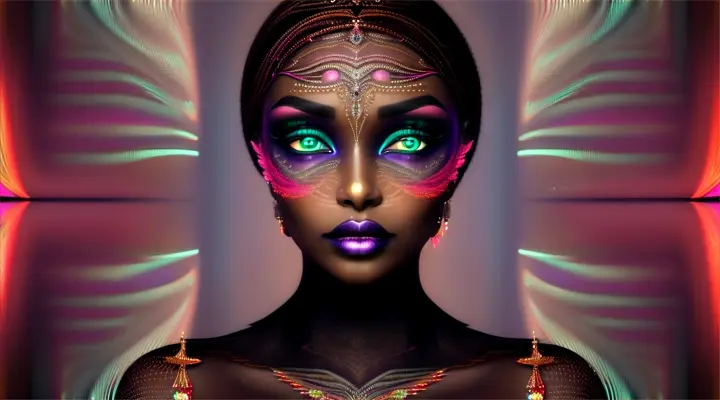 Brown-skinned woman surrounded by quantum illusion creating a hypnotic mirage with neon Gothic art