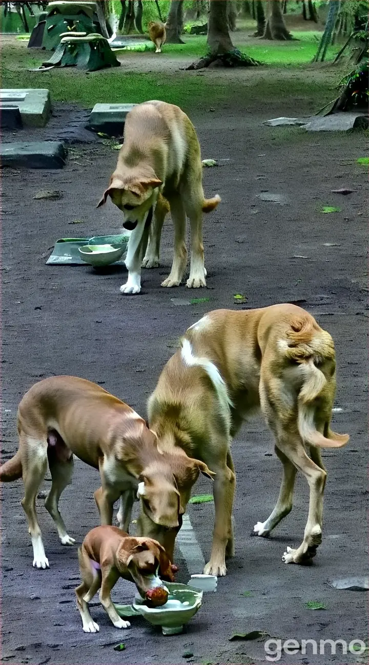 a couple of dogs eating out of a bowl,they shake their head