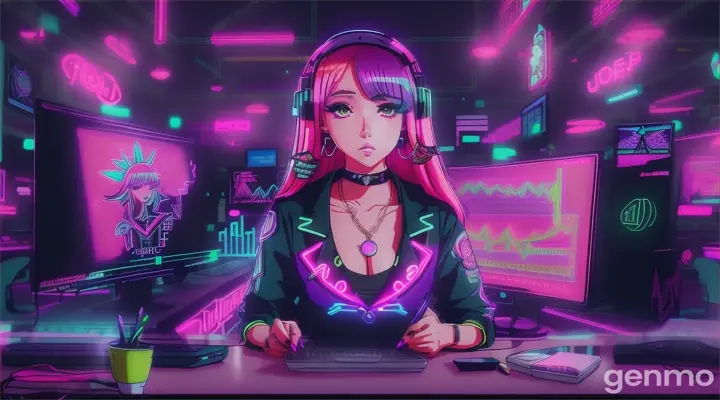 a young woman, hip hop clothes, sitting on a chair in front of a computer screen, financial charts, smoking marijuana, a lot of money on the table, anime style