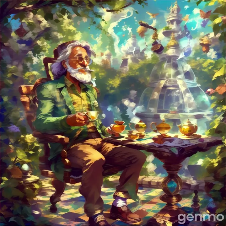 a man sitting at a table with a cup of tea, smoking and enjoying his time at the park