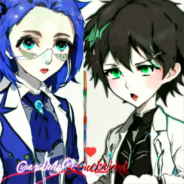 two anime characters with blue hair and green eyes doing magical cal girl transformation 