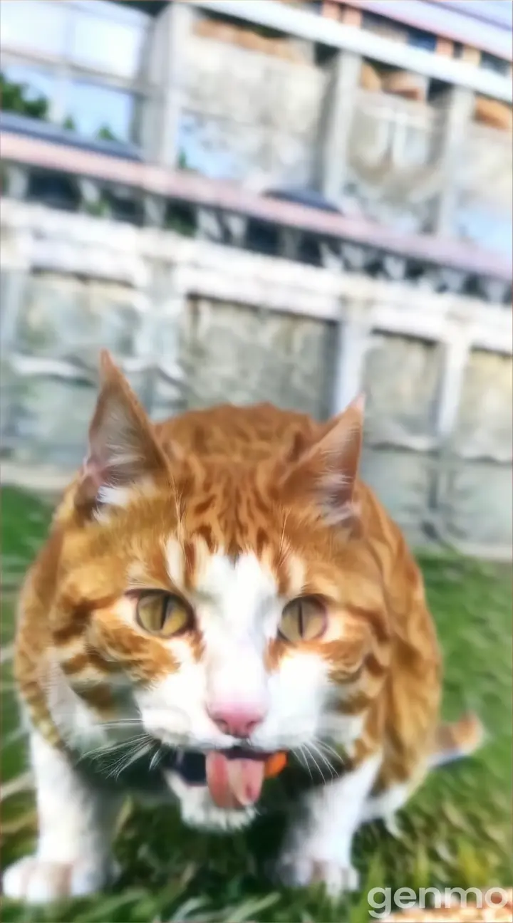 an orange and white cat yawning in the grass