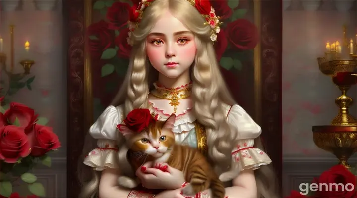 Intricate illustration, full body, bright colors, adorable girl, perfect facial features, long white straight hair, sparkling hair ornaments, big eyes that shine expressively, cute antique style room full of red roses, girl holding a Siamese cat The image shows her from her head to her thighs, and her clothes are cute in white and gold with frills and lace. Intricate details, masterpiece art, 16:9