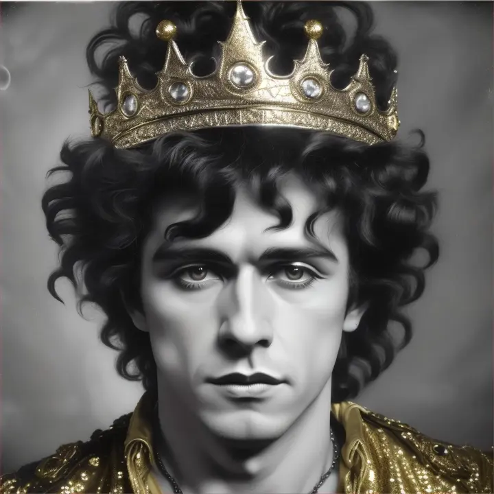 Posters icónico de Marc Bolan glam rock star joven con 27 años ultra realista, muy parecido, con una coronade plastilina color dorada derritiéndose en la cabeza, sombra de ojos de purpurina 