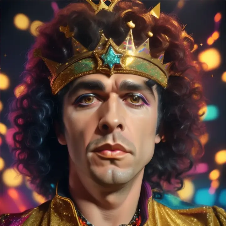 Posters icónico de Marc Bolan glam rock star joven con 27 años ultra realista, muy parecido, con una coronade plastilina color dorada derritiéndose en la cabeza, sombra de ojos de purpurina 