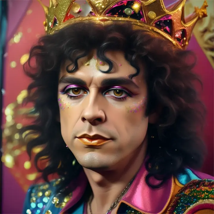 Posters icónico de Marc Bolan glam rock star joven con 27 años ultra realista, muy parecido, con una coronade plastilina color pintura derritiéndose dorada, en la cabeza, sombra de ojos de purpurina 