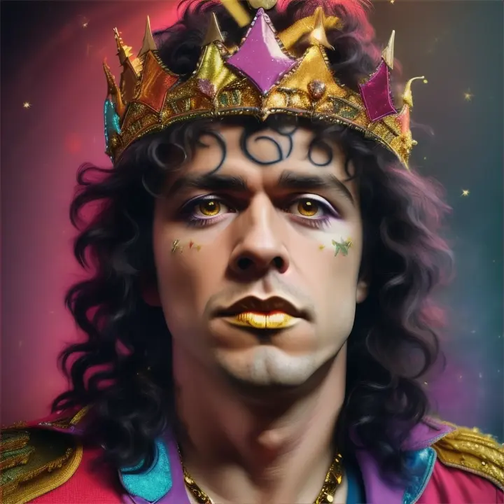 Posters icónico de Marc Bolan glam rock star joven con 27 años ultra realista, muy parecido, con una coronade plastilina color pintura derritiéndose dorada, en la cabeza, sombra de ojos de purpurina 