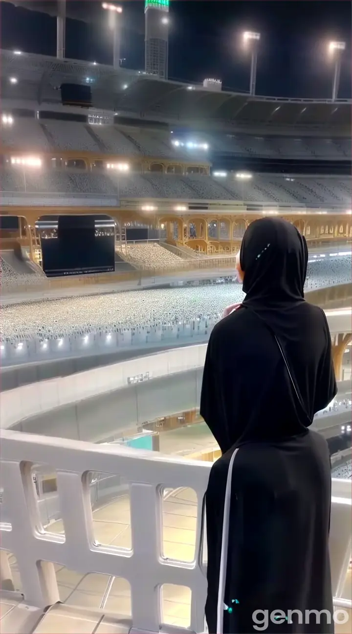 a woman in a black hijab is looking at a stadium