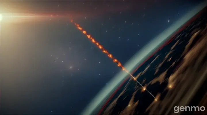  A needle falling from space to the planet earth and that needle is destroying the planet earth, a view from space. 16:9 