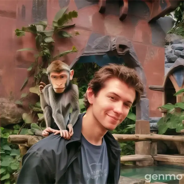 A man and monkey at a crystal-clear pool near a cascading waterfall surrounded by lush tropical foliage