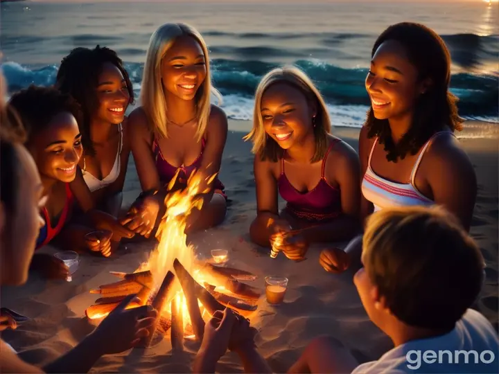 Group of friends at a beach bonfire, energetic and warm mood, photo