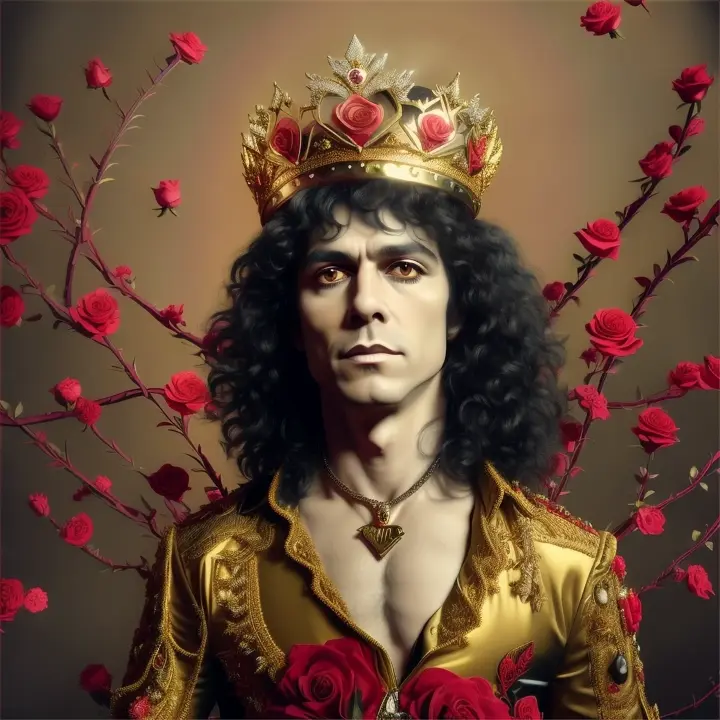 Posters icónico de Marc Bolan glam rock star joven con 30 años ultra realista, muy parecido, con una sencilla corona de ramas de rosas rojas con estilo onírico de tallos   en la cabeza, sombra de ojos glow en un fondo color dorado 