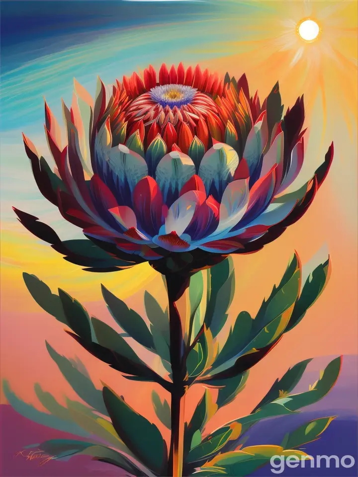 Drawing (brushstrokes with strokes, dashes, blots): three stylized  BLUE Protea cynaroides flowers with stems flowers (flowers IN LIGHT PURPLE-BLUE WITH YELLOW BALLS). against a background of blue sky and stylized sun with rays. On an abstract background with spots and strokes in 7277ff shades. To highlight: high in the sky is a yellow sun with clear rays.
 Рисунок (мазки со штрихами, черточками, кляксами): ТРИ стилизованных СИНИХ цветка Протея артишокова со стеблями (цветки В СВЕТЛОМ ФИОЛЕТОВО-СИНЕМ ЦВЕТЕ С ЖЁЛТЫМИ ШРИХАМИ). на фоне голубого неба и стилизованного солнца с лучами. На абстрактном фоне с пятнами и штрихами в оттенках цвета 7277ff . Выделить особо: высоко в небе жёлтое солнце с чёткими лучами.
