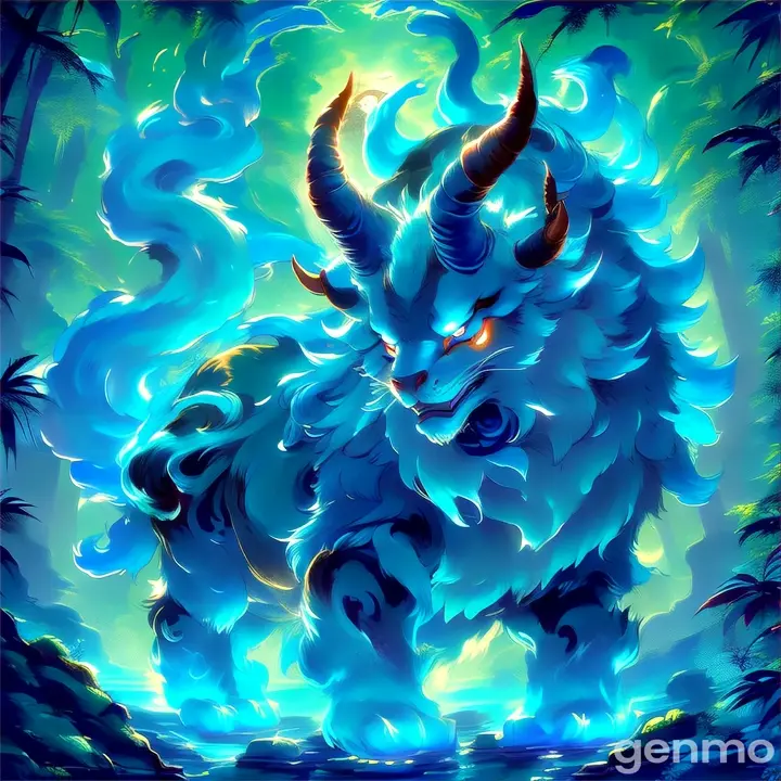 a painting of a horned animal in a jungle, flowing blue furr and flames