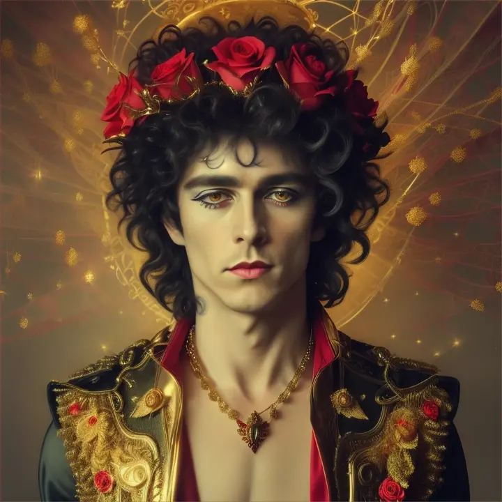 Posters icónico de Marc Bolan glam rock star joven con 30 años ultra realista, muy parecido, mirada desafiante, con una sencilla corona de ramas de rosas rojas con estilo onírico de tallos en la cabeza, sombra de ojos glow en un fondo color dorado, iluminación oscura