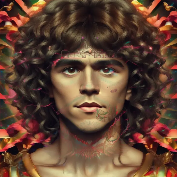 Posters icónico de Marc Bolan glam rock star joven con 30 años ultra realista, muy parecido, mirada y actitud desafiante,  con  ramas de rosas rojas con estilo onírico de tallos en la cabeza, sombra de ojos glow en un fondo color dorado, iluminación oscura 