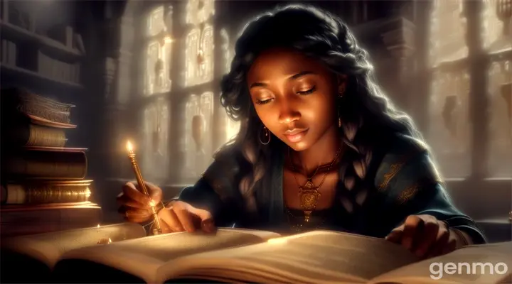 "Kemi discovering an ancient amulet in a dimly lit room filled with old scrolls and artifacts. The amulet glows softly, hinting at its mystical nature, while Kemi’s expression shows awe and curiosity."