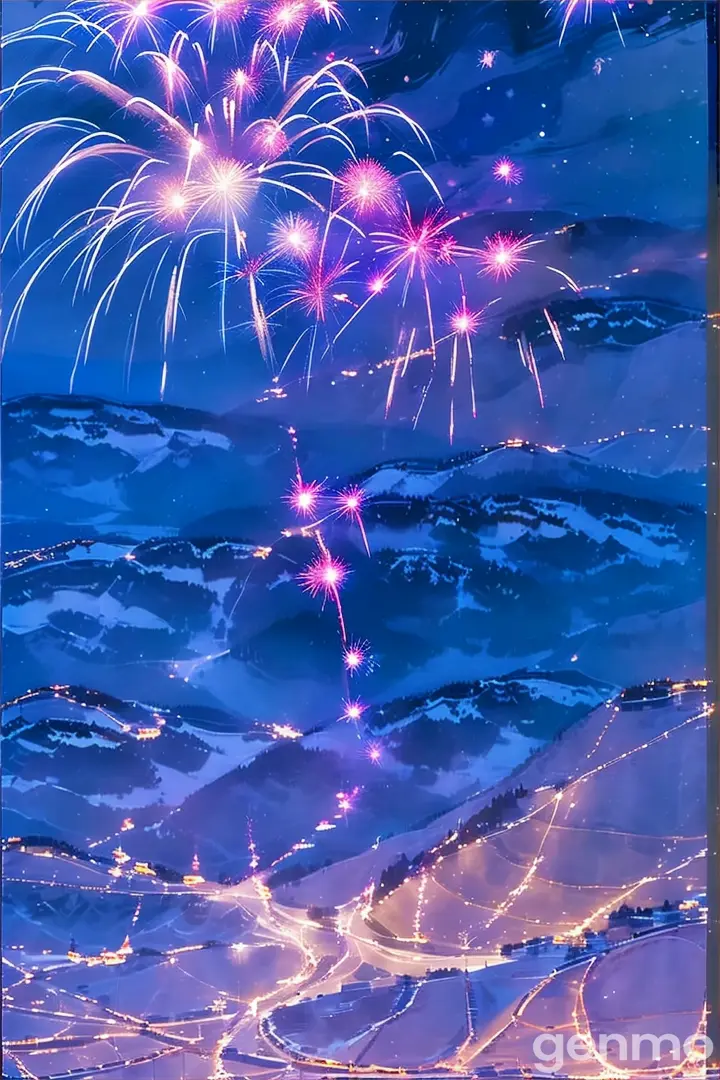 a picture of fireworks in the sky over a mountain