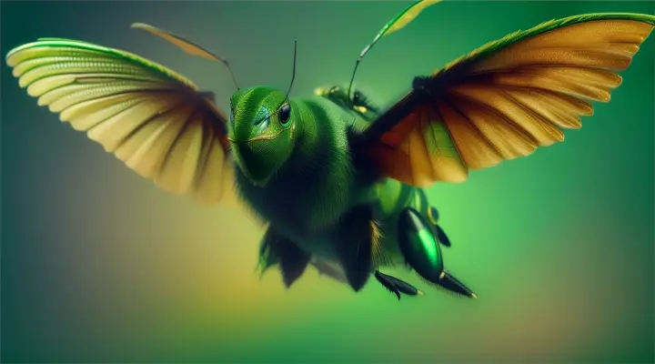 a Green Background surrounds a flying monster stinging like a bee.