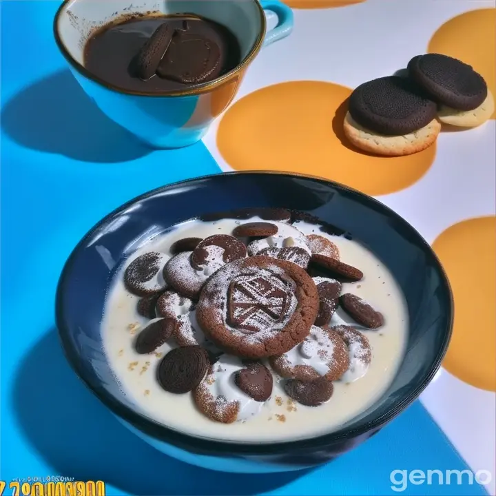 a bowl of cookies and milk on a table