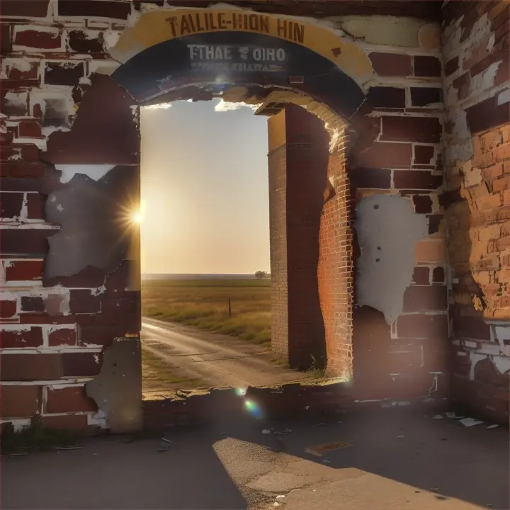 Posters de un muro antiguo de ladrillos desgastados con un gran agujero en el centro con vistas a una gran carretera desértica, film estilo 1970s ultra realista 