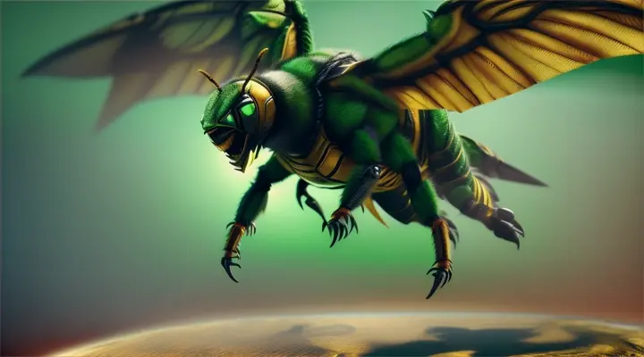 Video background Removal surrounds a full figure of a flying monster stinging like a bee. Mortal Combat Themed.