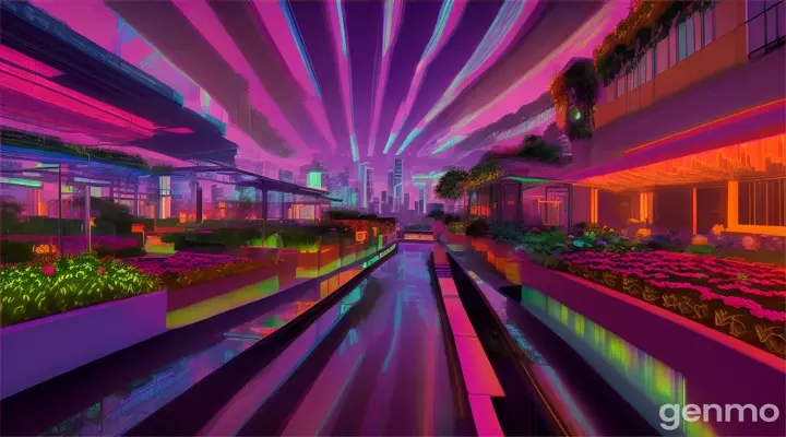 Rooftop garden in the city at sunset, ambient neon lighting, digital illustration