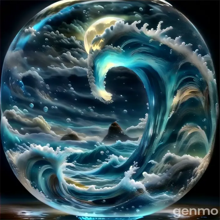 a painting of a wave in a glass ball