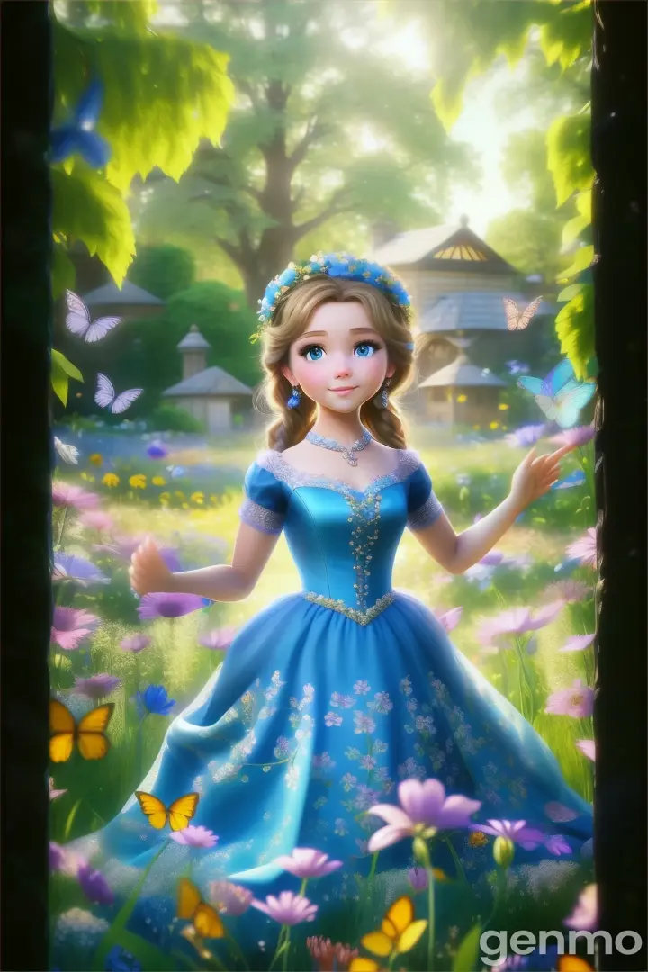 a girl in a blue dress standing in a field of flowers