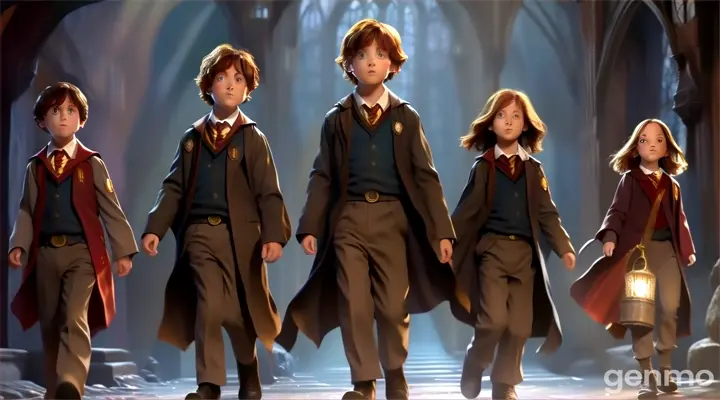 Children in Harry Potter uniforms entering a misty, lantern-lit entrance to Hogwarts castle