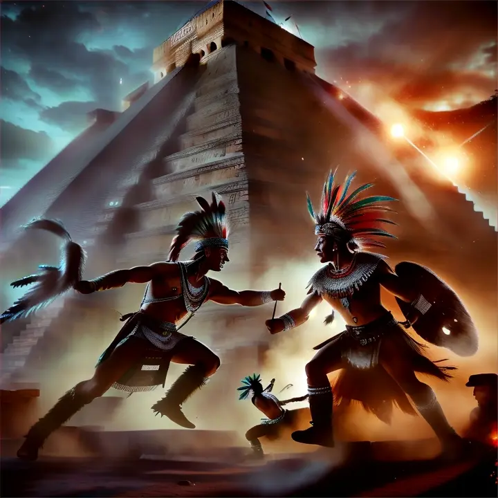 two native americans battling in front of an aztec pyramid