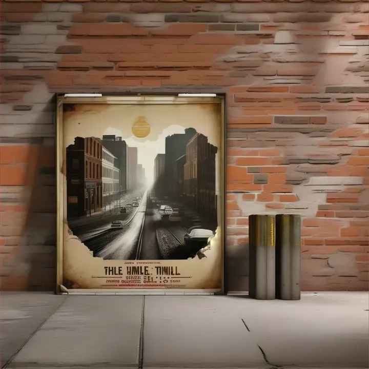 Posters de un muro  antiguo de ladrillos rotos y papeles desgastados estilo underground  1970s vintage con un gran agujero en el centro con vistas a una gran carretera vacía en color, film estilo 1970s ultra realista 
