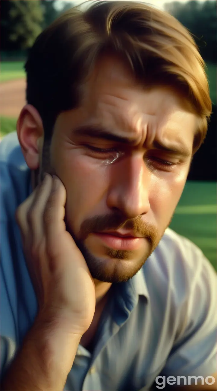 man crying sitting of a lawn