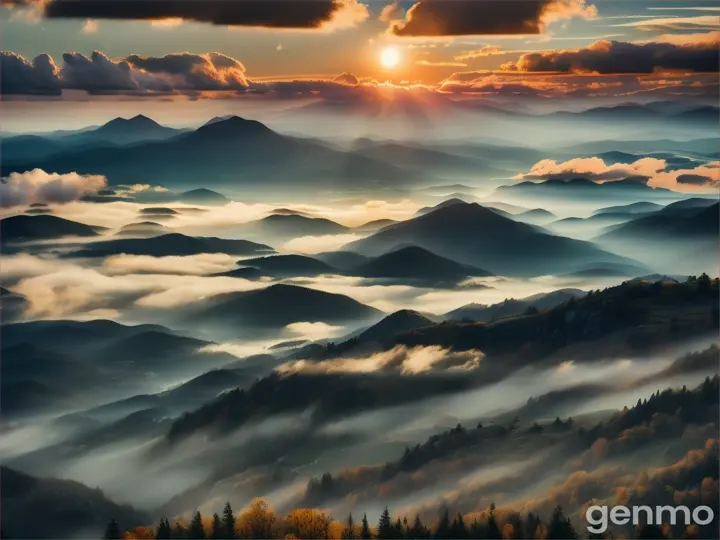 A misty mountain range with clouds parted to reveal the sun