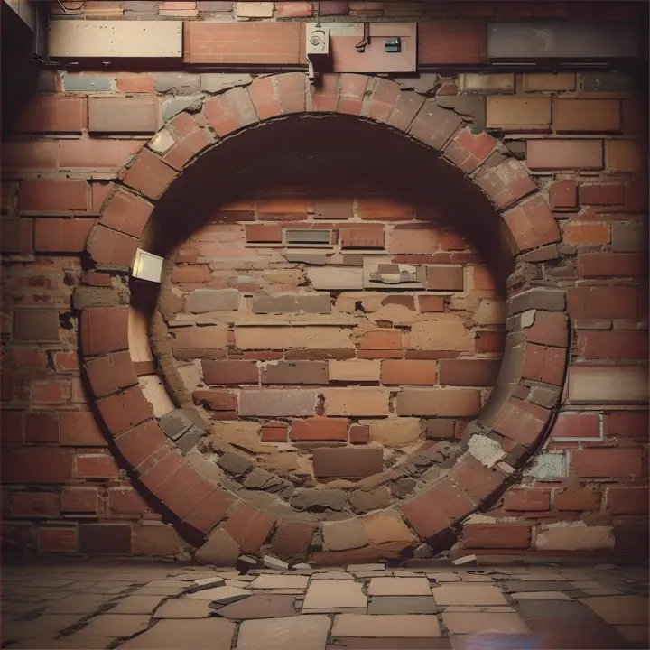  un muro  antiguo de ladrillos rotos y papeles desgastados estilo underground  1970s vintage con un gran agujero circular en el centro con vistas a una gran carretera vacía en color, film estilo 1970s ultra realista 
