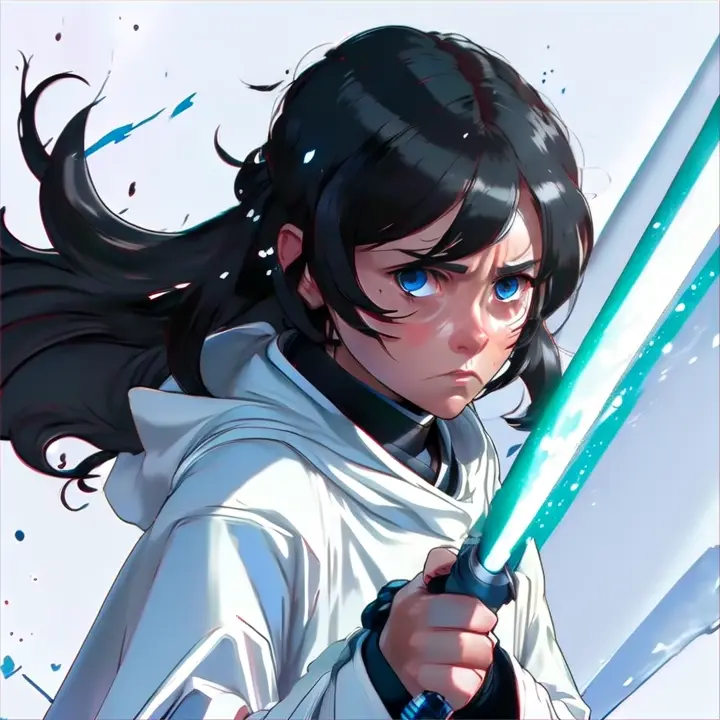 she is the last jedi standing and ready to fight , tension rises , the wind blows her hair , advertising style