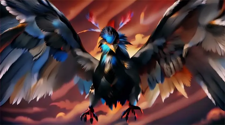 a painting of a bird with its wings spread flying in from a distance.