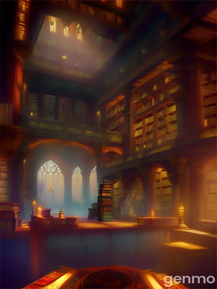 Ancient library with floating books and secret portals, whimsical and mysterious, digital art