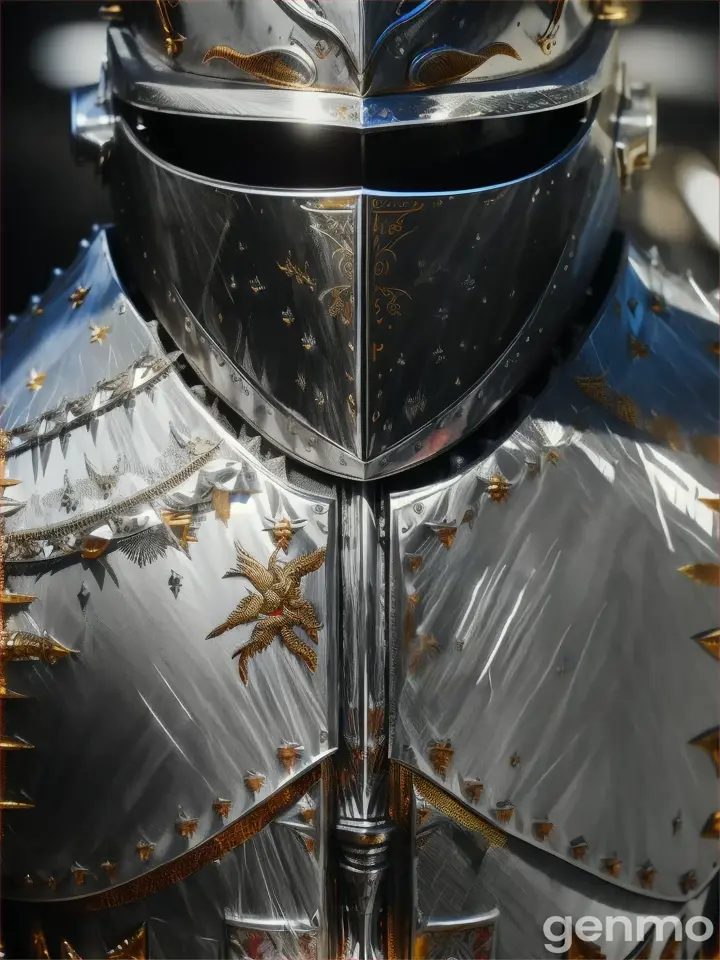 Gleaming knight's armor in battle, metalwork with silver and gold inlay, emphasizing texture and reflection