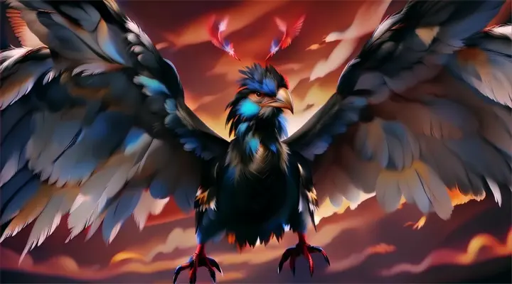 a painting of a bird with its wings spread in the distant background.