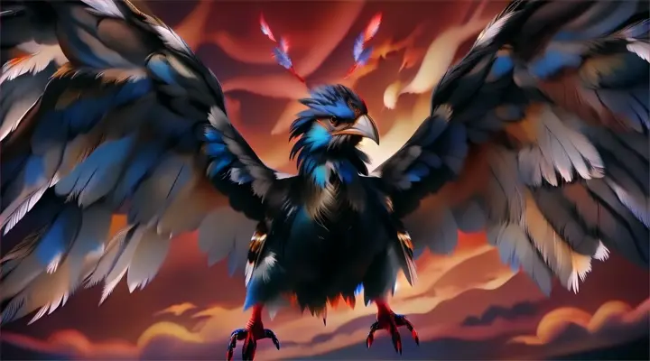 a painting of a bird with its wings spread in the distant background.