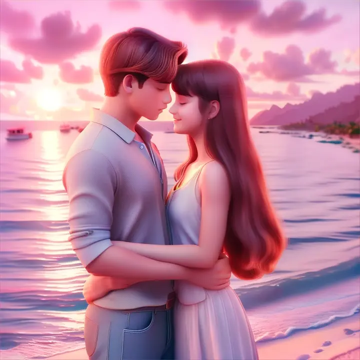 a boy and a girl so close beside the sea , advertising style