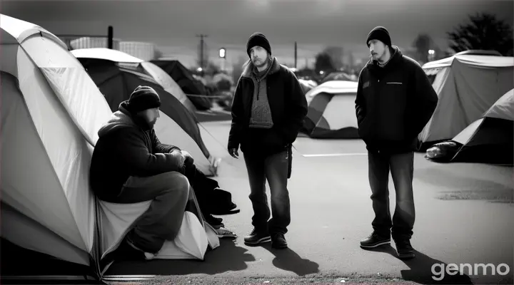 Close up of people in a homeless encampment in Portland in black and white