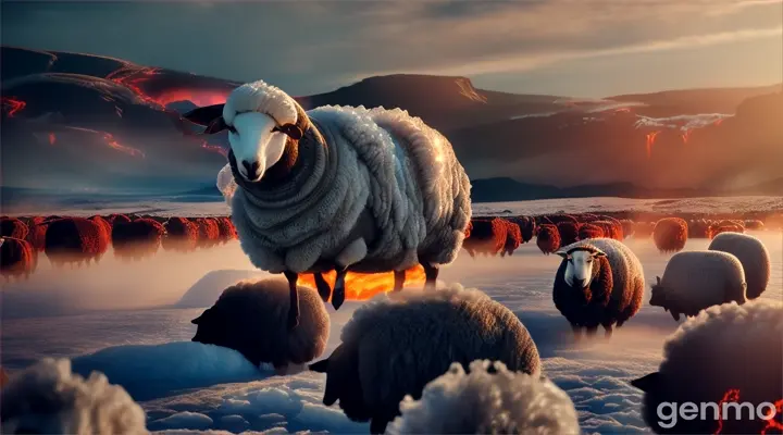 in alhumam almutawajidat fi kuli aljawanib
Translate text with your camera
A flock of sheep flies across the globe while using ice as protection from the lava on all sides