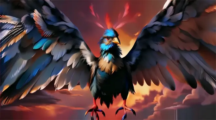 a painting of a bird with its wings spread. zoom out to half size.