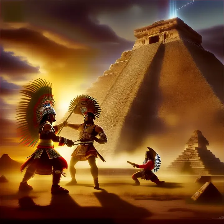 an aztec battling a conquistador in front of an aztec pyramid during the aztec conquistador wars