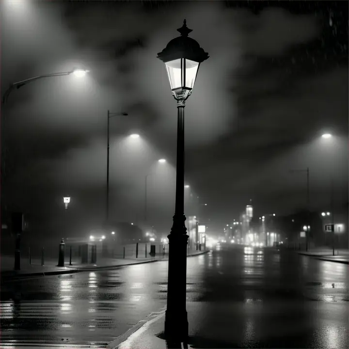 A nighttime street scene viewed through the hole, with a single solitary street lamp illuminating the emptiness