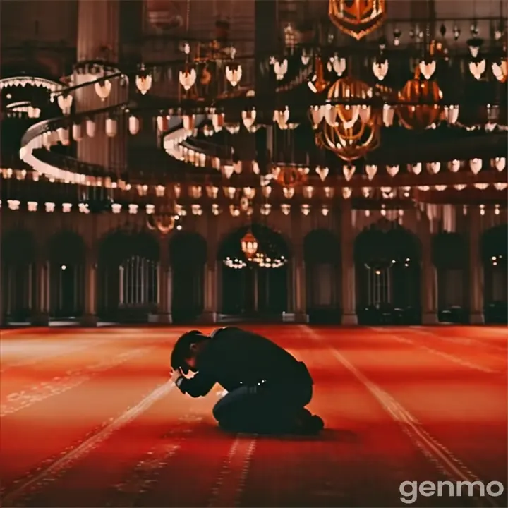 a person kneeling down in a room with chandeliers